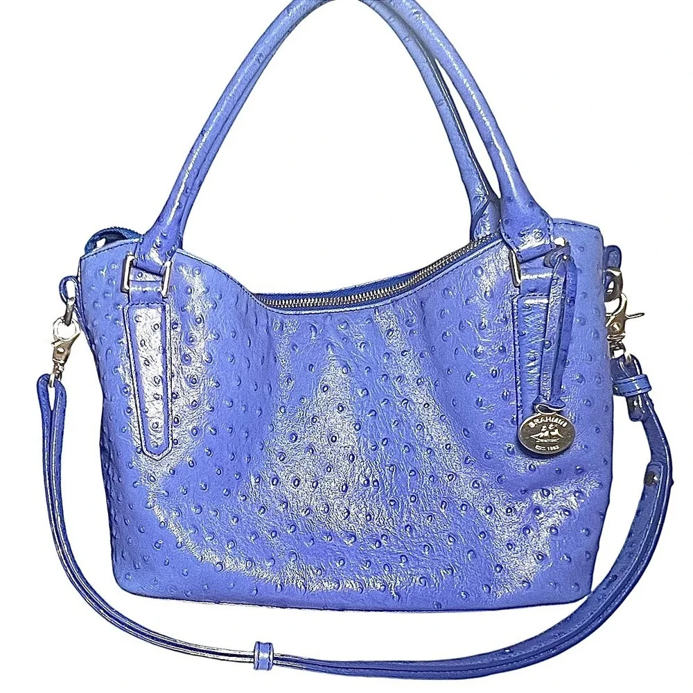 Brahmin Norah periwinkle ostrich-embossed leather satchel shoulder strap include